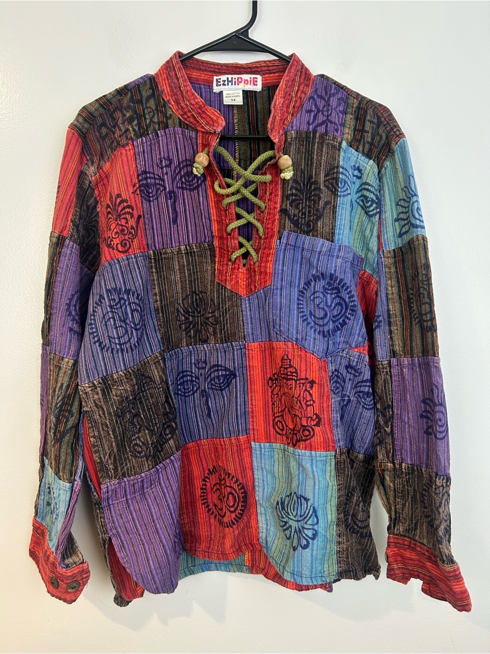 EzHippie Vibrant Stonewashed Patchwork Om/Ganesha Pullover HIppie Top Medium